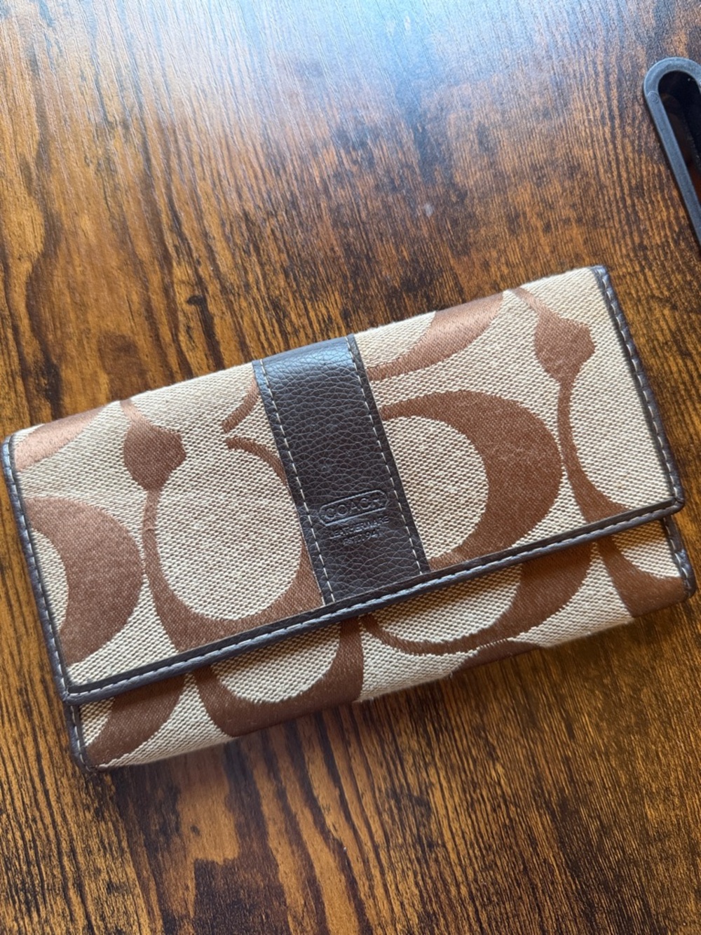 Coach Brown and Tan Signature Logo Flap Wallet